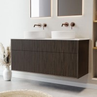 1250mm Walnut Wood Effect Fluted Wall Hung Double Countertop Vanity Unit with Basin– Matira
