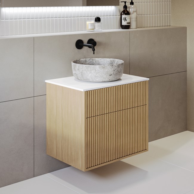 650mm Wooden Wall Hung Countertop Vanity Unit with Stone Effect Basin - Matira