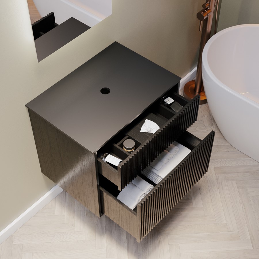 ONLY OPENED - 650mm Black Wooden Fluted Wall Hung Countertop Vanity Unit - Matira