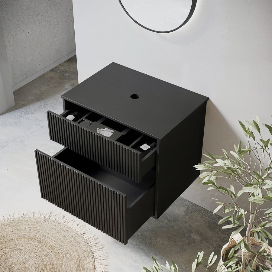 650mm Black Wooden Fluted Wall Hung Countertop Vanity Unit - Matira
