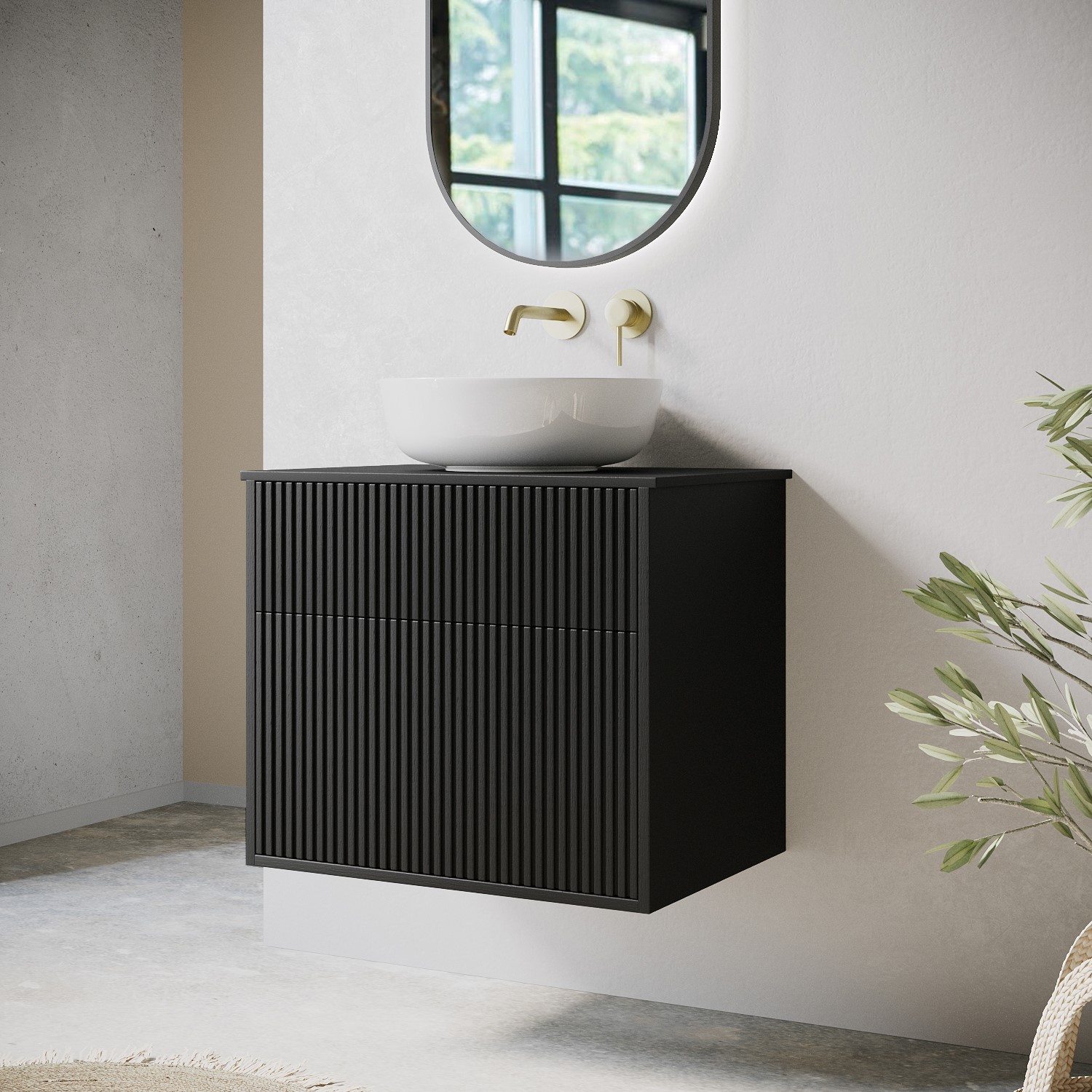 Matira Black 650Mm Wooden Fluted Wall Hung Countertop Vanity Unit With Basin