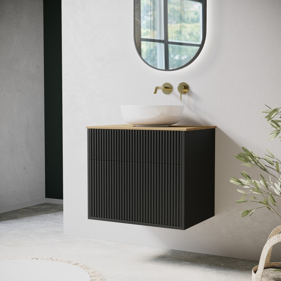 650mm Black Wooden Fluted Wall Hung Countertop Vanity Unit with Wood Effect Worktop and Round Basin - Matira