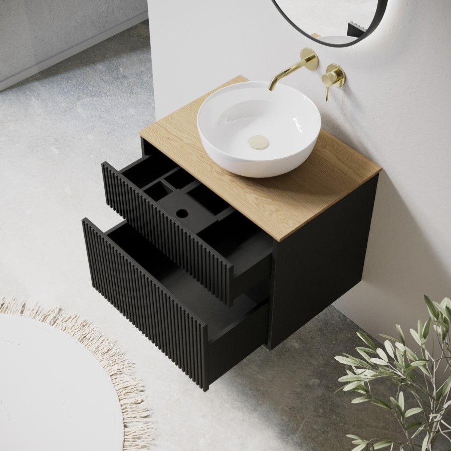 650mm Black Wooden Fluted Wall Hung Countertop Vanity Unit with Wood Effect Worktop and Round Basin - Matira