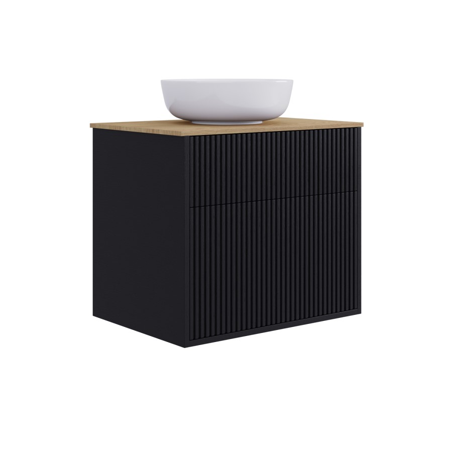 650mm Black Wooden Fluted Wall Hung Countertop Vanity Unit with Wood Effect Worktop and Round Basin - Matira