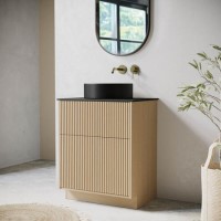 650mm Fluted Freestanding Wooden Countertop Vanity Unit with Black Worktop and Round Basin -Matira 650mm Fluted Freestanding Wooden Countertop Vanity Unit with Black Worktop and Round Basin -Matira