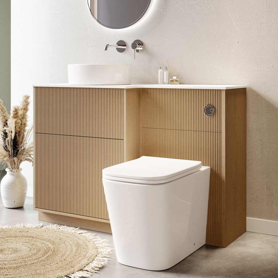 1150mm Wooden Fluted Left Hand Toilet and Sink Unit with Square Toilet & Basin and Chrome Push Button - Matira