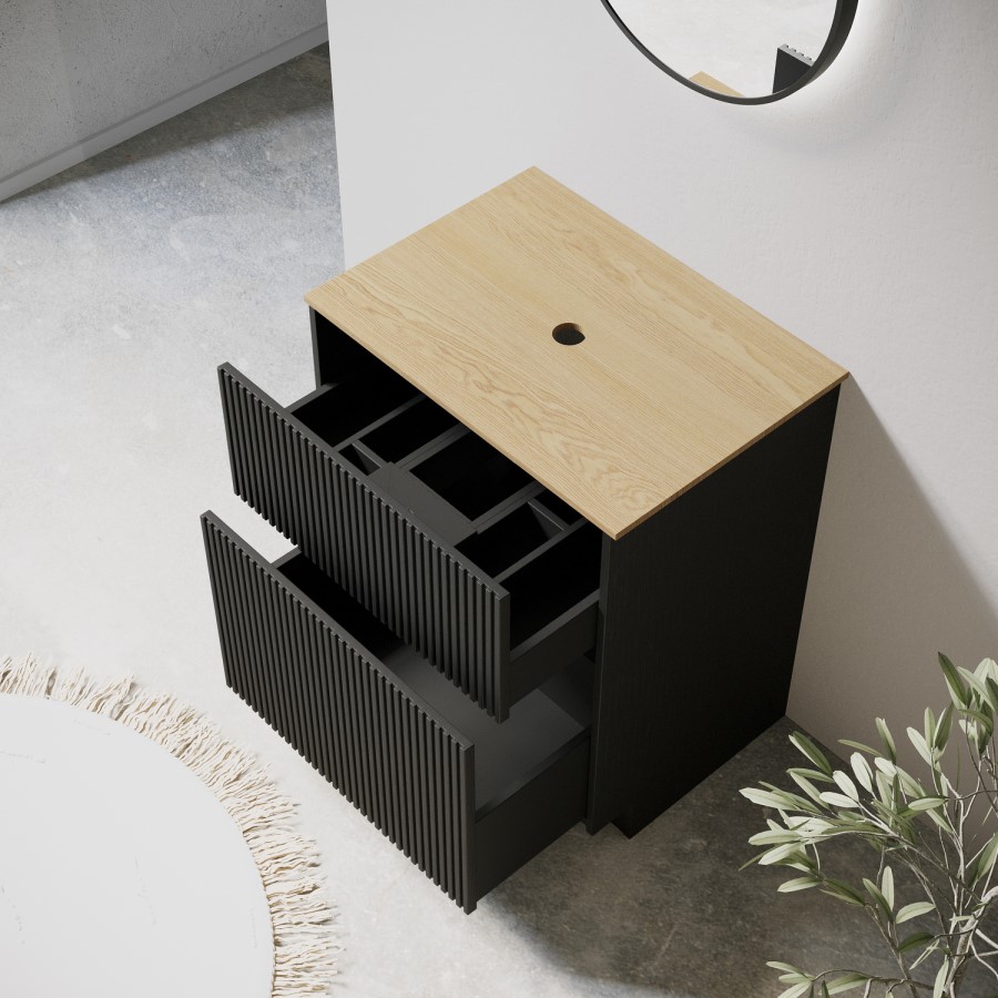 650mm Black Wooden Freestanding Countertop Vanity Unit with Wood Effect Worktop - Matira