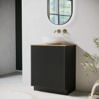 650mm Black Wooden Freestanding Countertop Vanity Unit with Wood Effect Worktop and Round Basin- Matira 650mm Black Wooden Freestanding Countertop Vanity Unit with Wood Effect Worktop and Round Basin- Matira