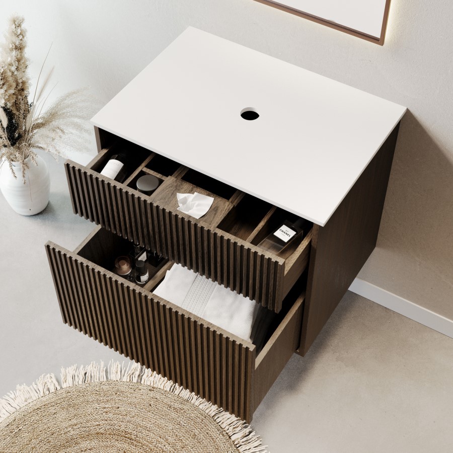 650mm Walnut Wood Effect Fluted Wall Hung Countertop Vanity Unit – Matira