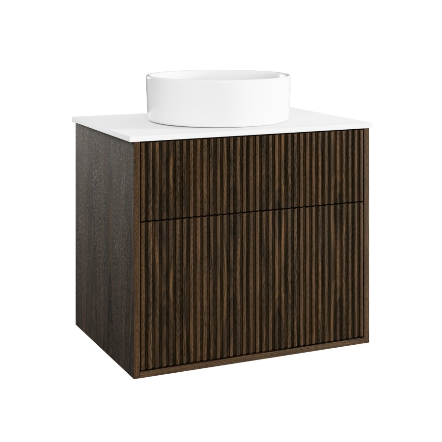 650mm Walnut Wood Effect Fluted Wall Hung Countertop Vanity Unit with Basin – Matira