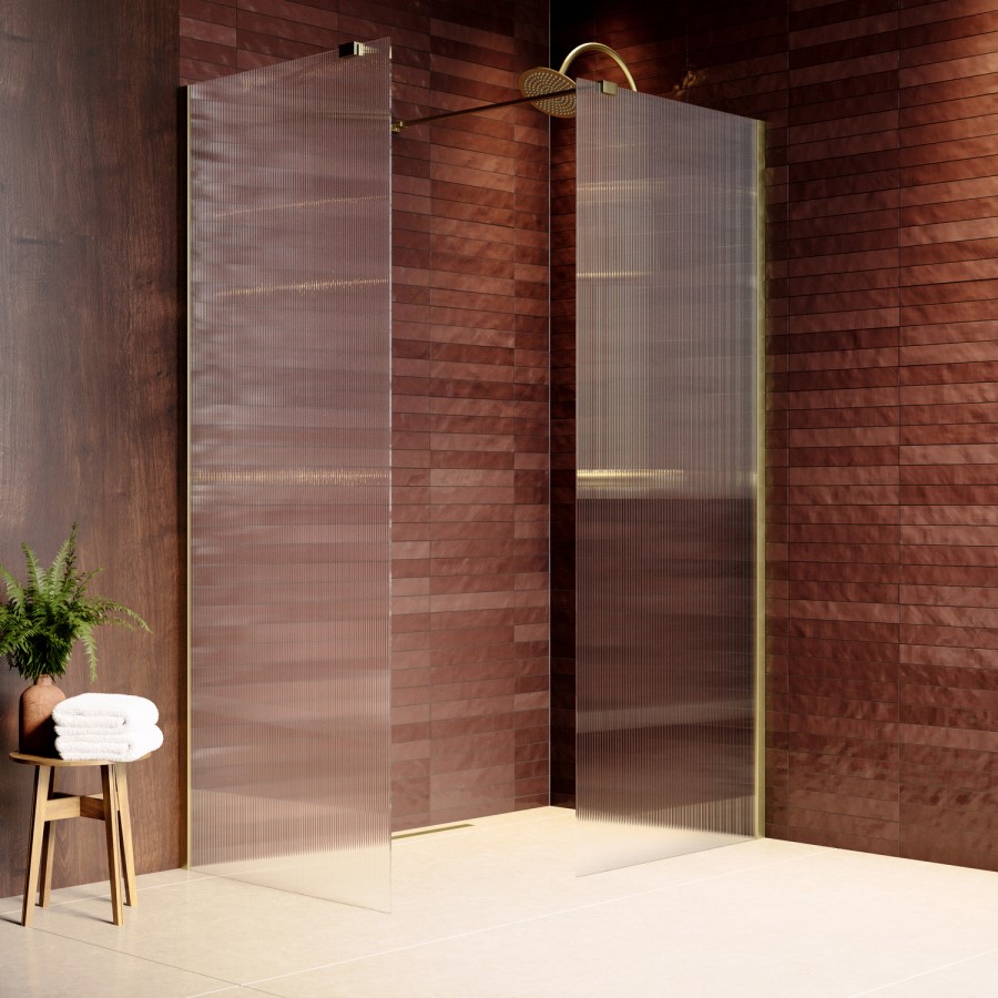 1400x900mm Brushed Brass Ribbed / Fluted Glass Double Shower Screen for Wet Room & Walk In Shower - Matira