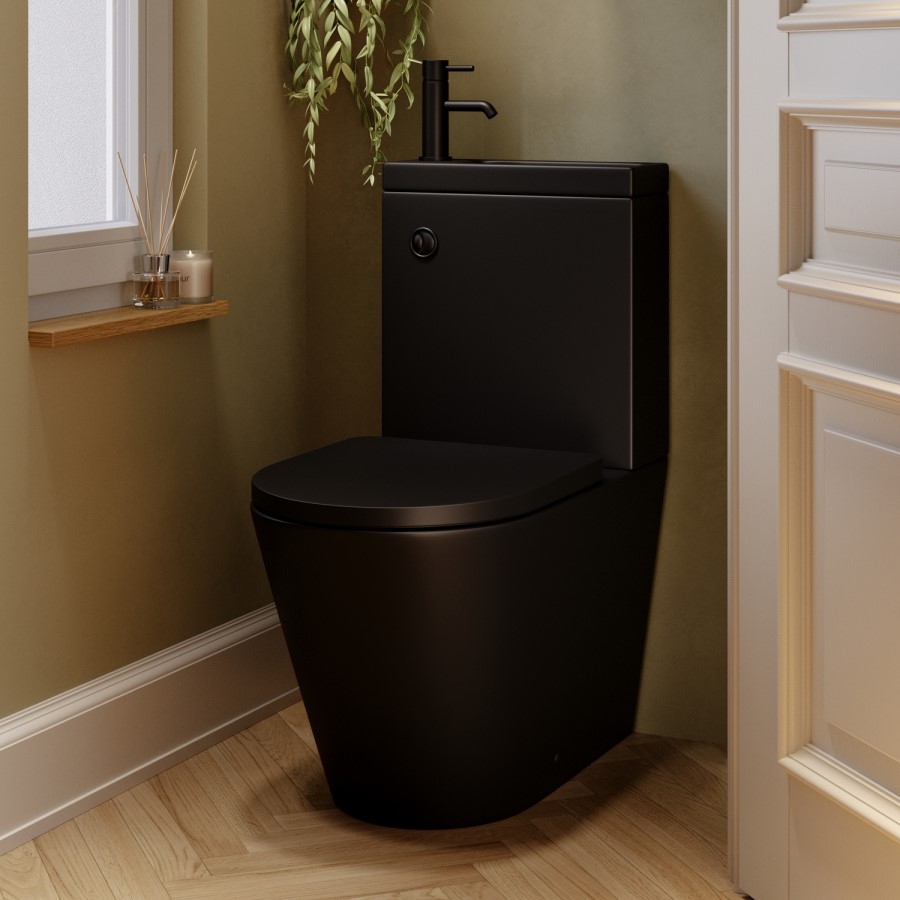 Matt Black Close Coupled Closed Back Toilet with Black Fittings & Sink on Top - Legend