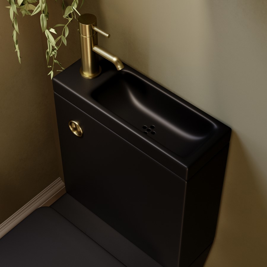 Matt Black Close Coupled Closed Back Toilet with Brass Fittings & Sink on Top - Legend