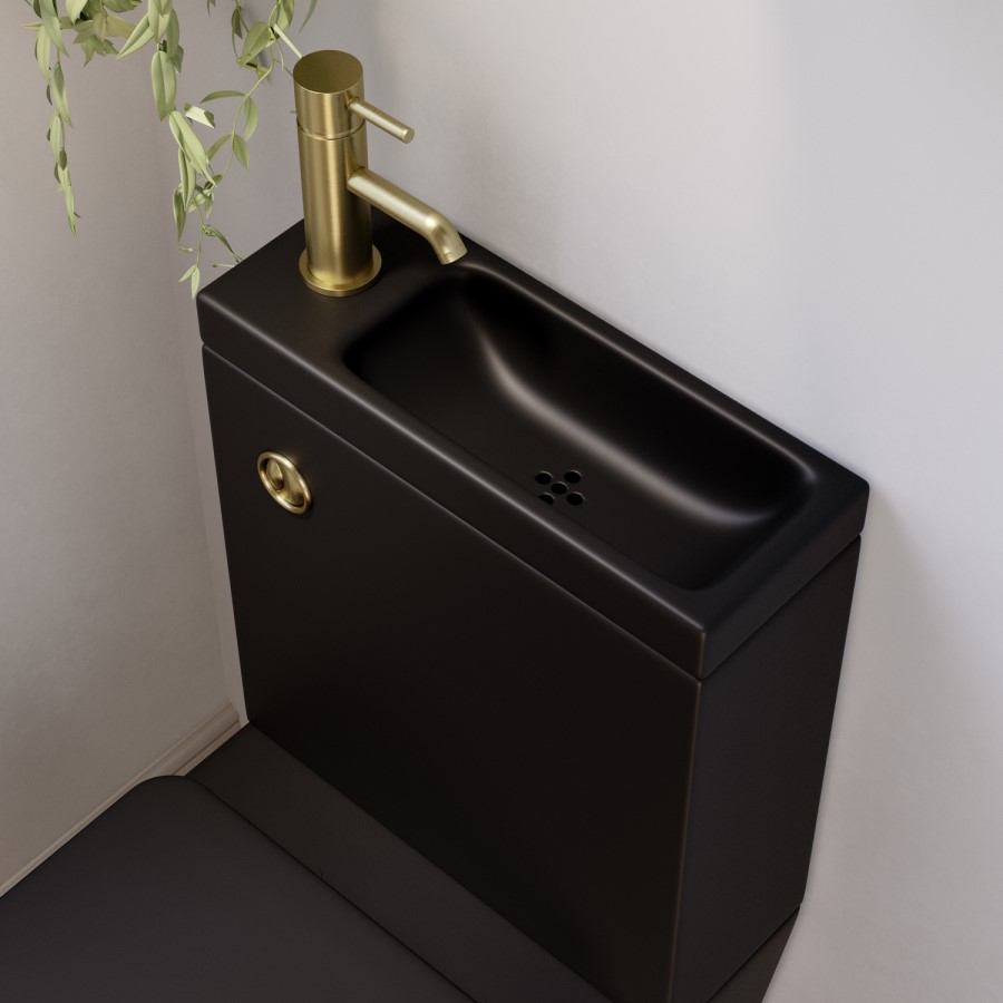 Matt Black Close Coupled Closed Back Toilet with Brass Fittings & Sink on Top - Legend