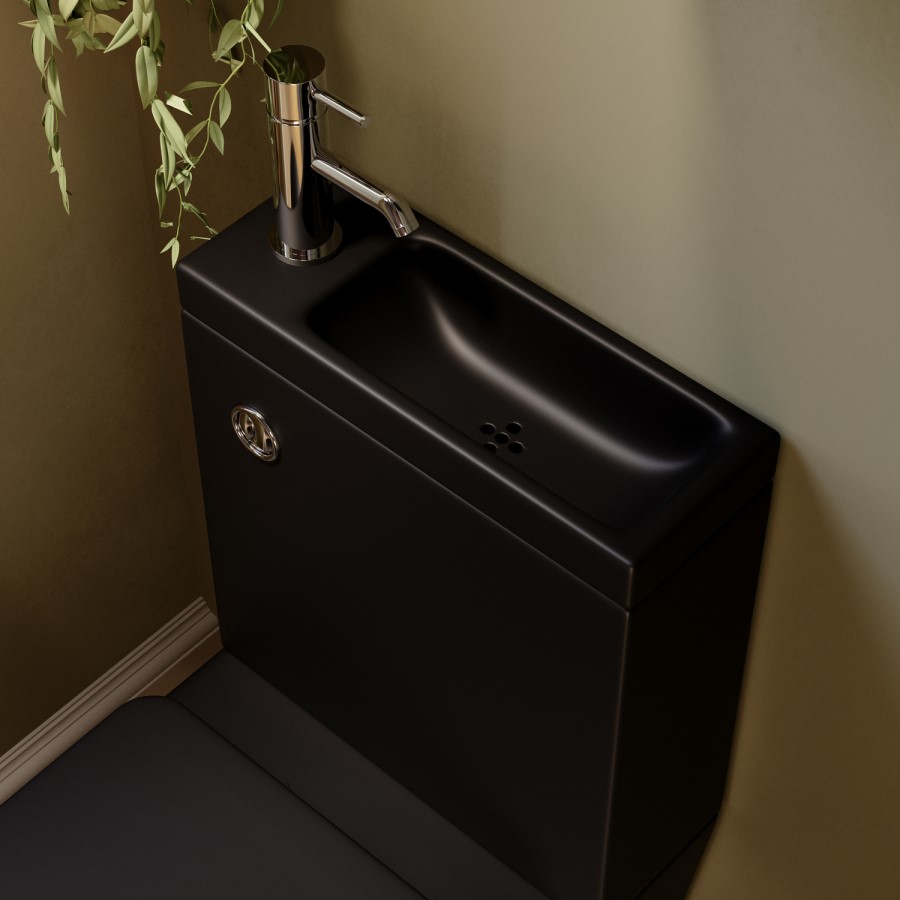 Matt Black Close Coupled Closed Back Toilet with Sink on Top & Chrome Fittings Cloakroom Suite - Legend