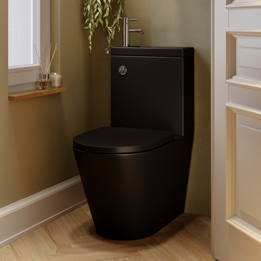 Matt Black Close Coupled Closed Back Toilet with Sink on Top & Chrome Fittings Cloakroom Suite - Legend