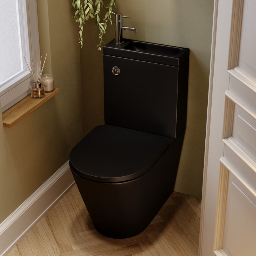 Matt Black Close Coupled Closed Back Toilet with Sink on Top & Chrome Fittings Cloakroom Suite - Legend