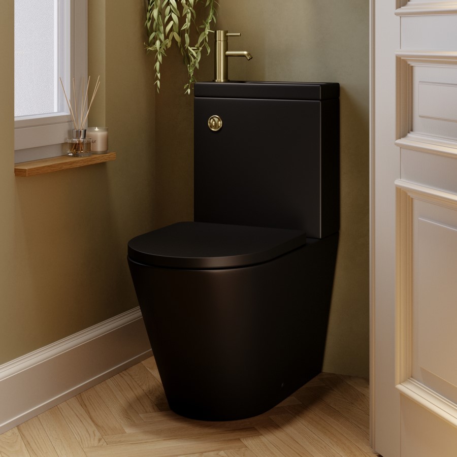 Matt Black Close Coupled Closed Back Toilet with Sink on Top & Brass Fittings Cloakroom Suite - Legend