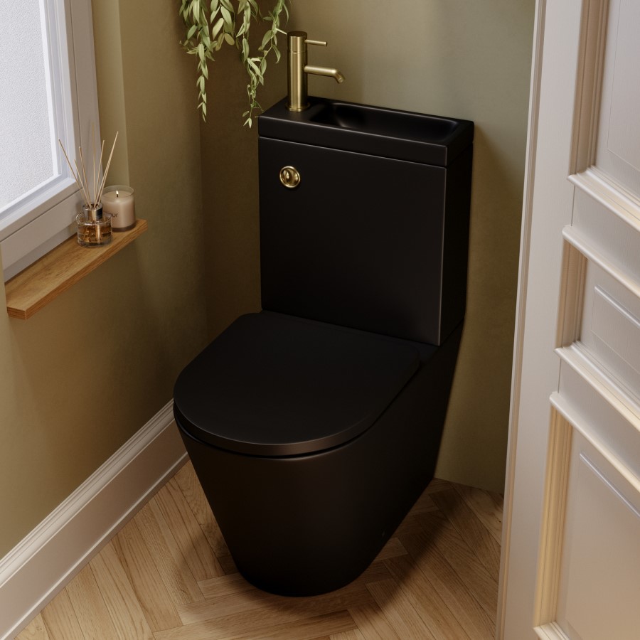Matt Black Close Coupled Closed Back Toilet with Sink on Top & Brass Fittings Cloakroom Suite - Legend