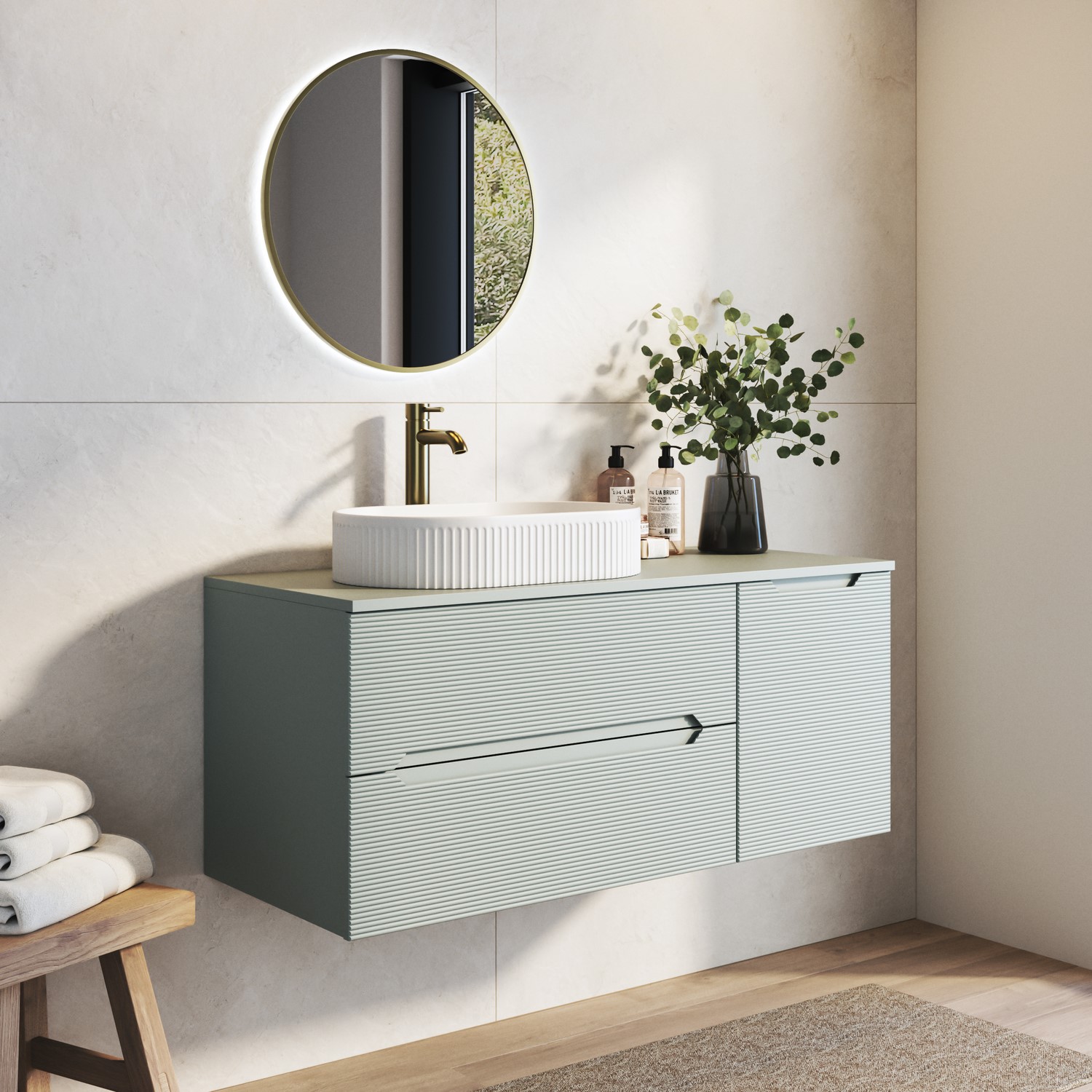 Melbourne Blue 1200Mm Fluted Wall Hung Countertop Vanity Unit With Round Ceramic Basin