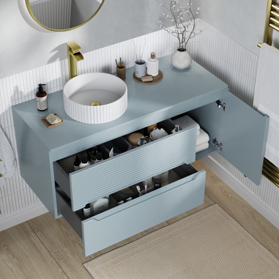 1200mm Blue Fluted Wall Hung Countertop Vanity Unit with Basin - Melbourne