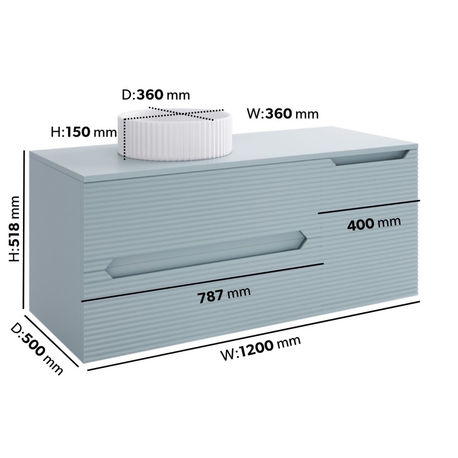 1200mm Blue Fluted Wall Hung Countertop Vanity Unit with Basin - Melbourne