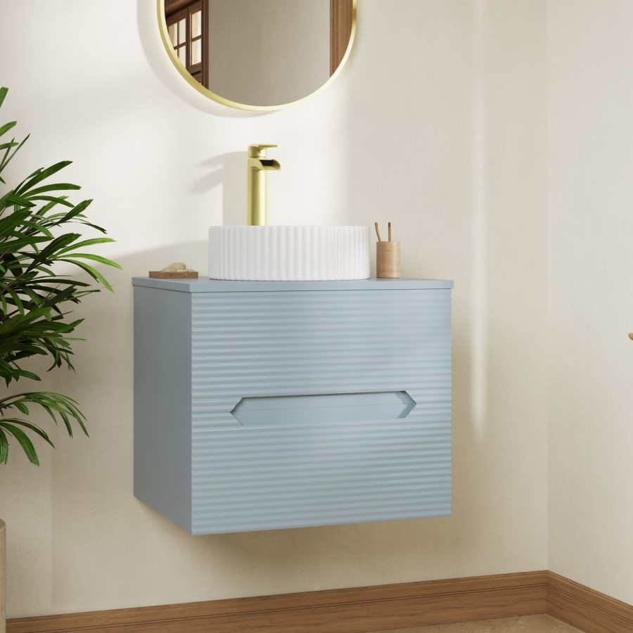 600mm Blue Fluted Wall Hung Countertop Vanity Unit with Basin - Melbourne