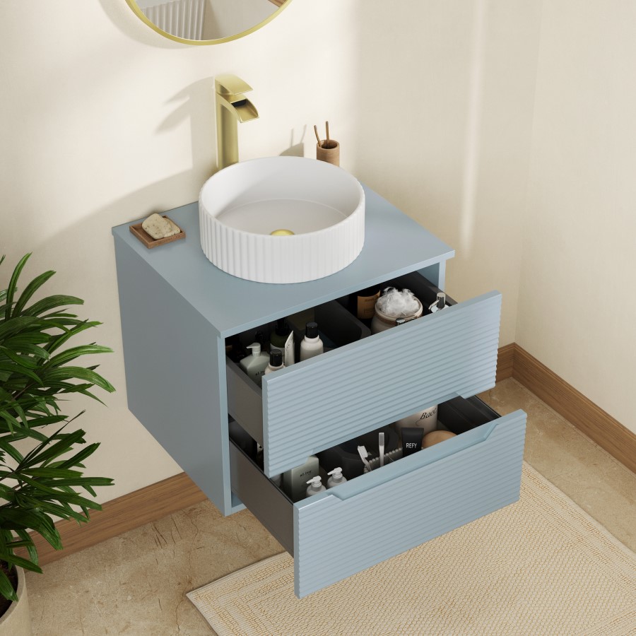 600mm Blue Fluted Wall Hung Countertop Vanity Unit with Basin - Melbourne