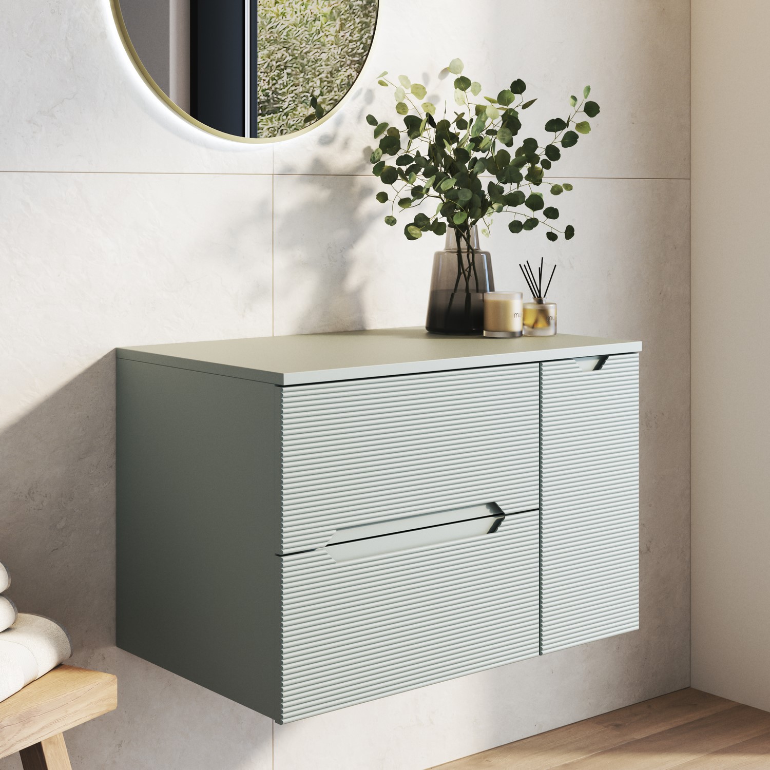 Melbourne Blue 800Mm Fluted Wall Hung Countertop Vanity Unit