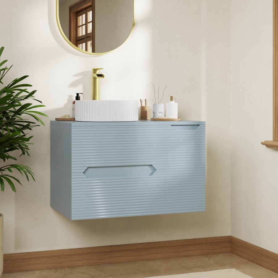 800mm Blue Fluted Wall Hung Countertop Vanity Unit with Basin - Melbourne