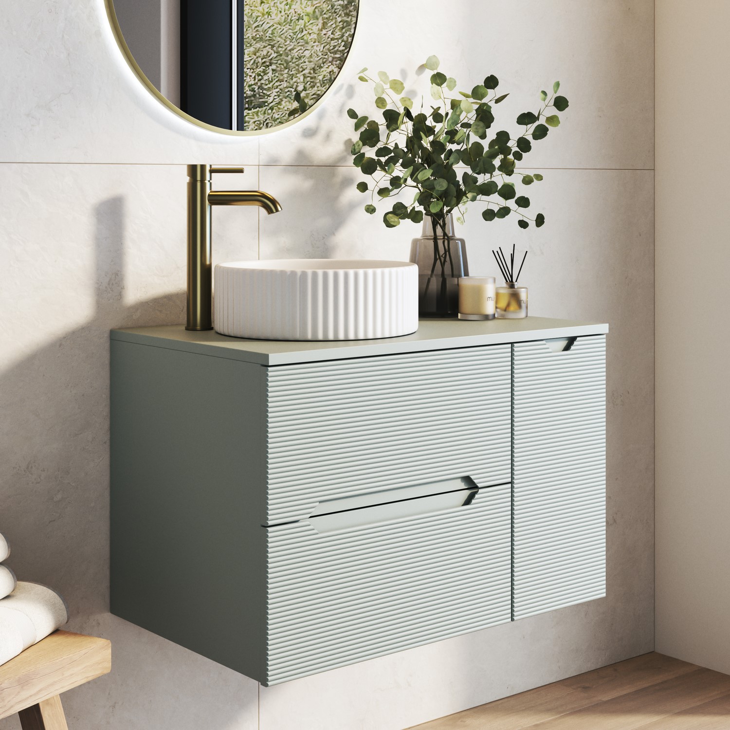 Melbourne Blue 800Mm Fluted Wall Hung Countertop Vanity Unit With Basin