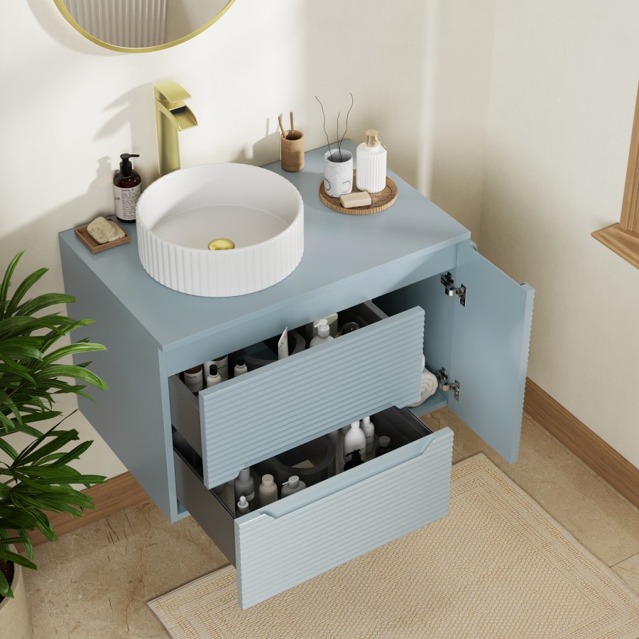 800mm Blue Fluted Wall Hung Countertop Vanity Unit with Basin - Melbourne