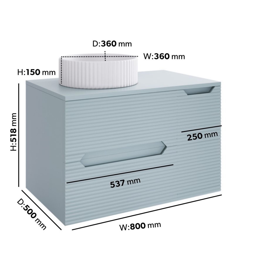 800mm Blue Fluted Wall Hung Countertop Vanity Unit with Basin - Melbourne