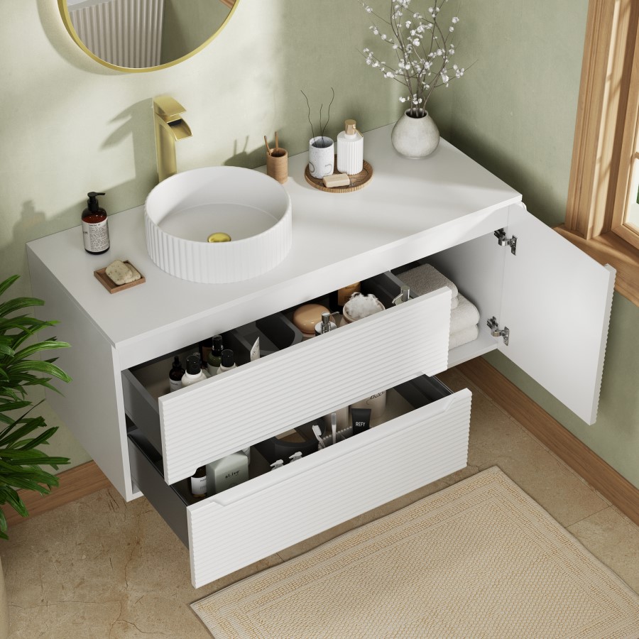 1200mm White Fluted Wall Hung Countertop Vanity Unit with Basin - Melbourne