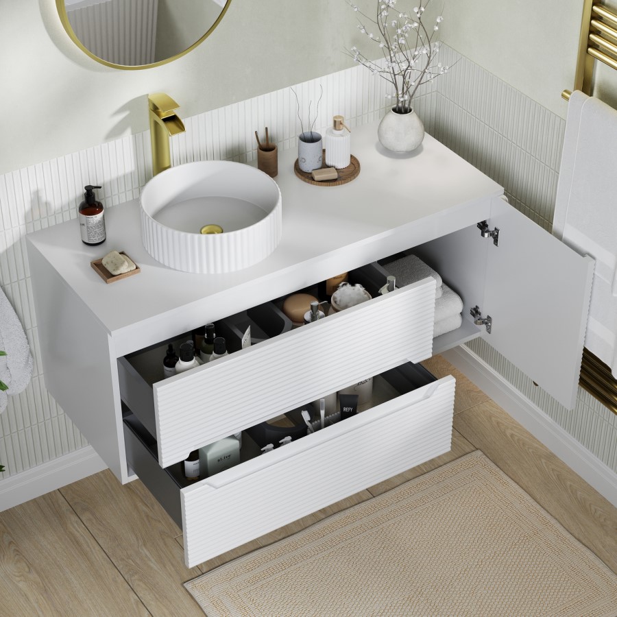 1200mm White Fluted Wall Hung Countertop Vanity Unit with Basin - Melbourne