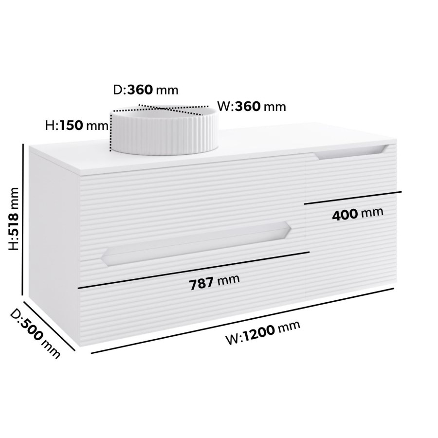 1200mm White Fluted Wall Hung Countertop Vanity Unit with Basin - Melbourne