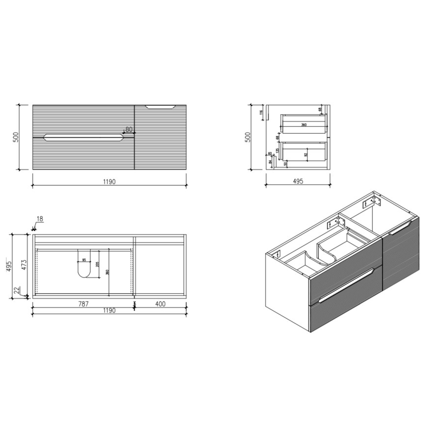 1200mm White Fluted Wall Hung Countertop Vanity Unit with Basin - Melbourne