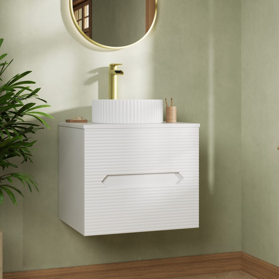 600mm White Fluted Wall Hung Countertop Vanity Unit with Basin - Melbourne 
