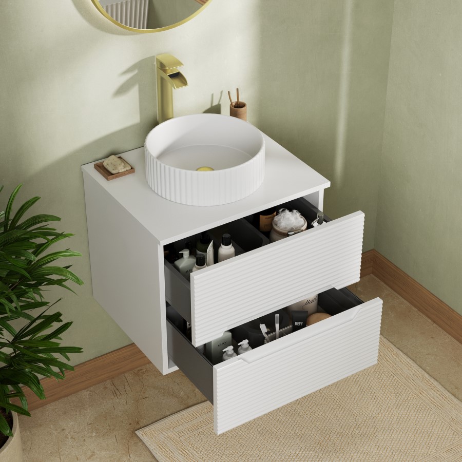 600mm White Fluted Wall Hung Countertop Vanity Unit with Basin - Melbourne 