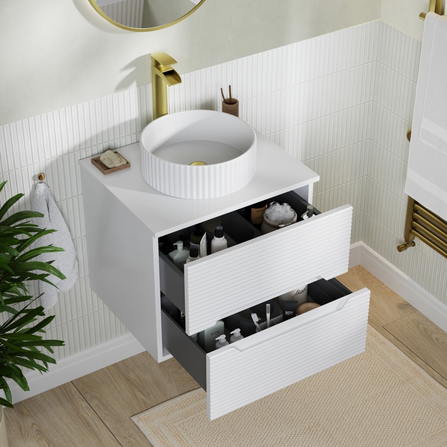 600mm White Fluted Wall Hung Countertop Vanity Unit with Basin - Melbourne