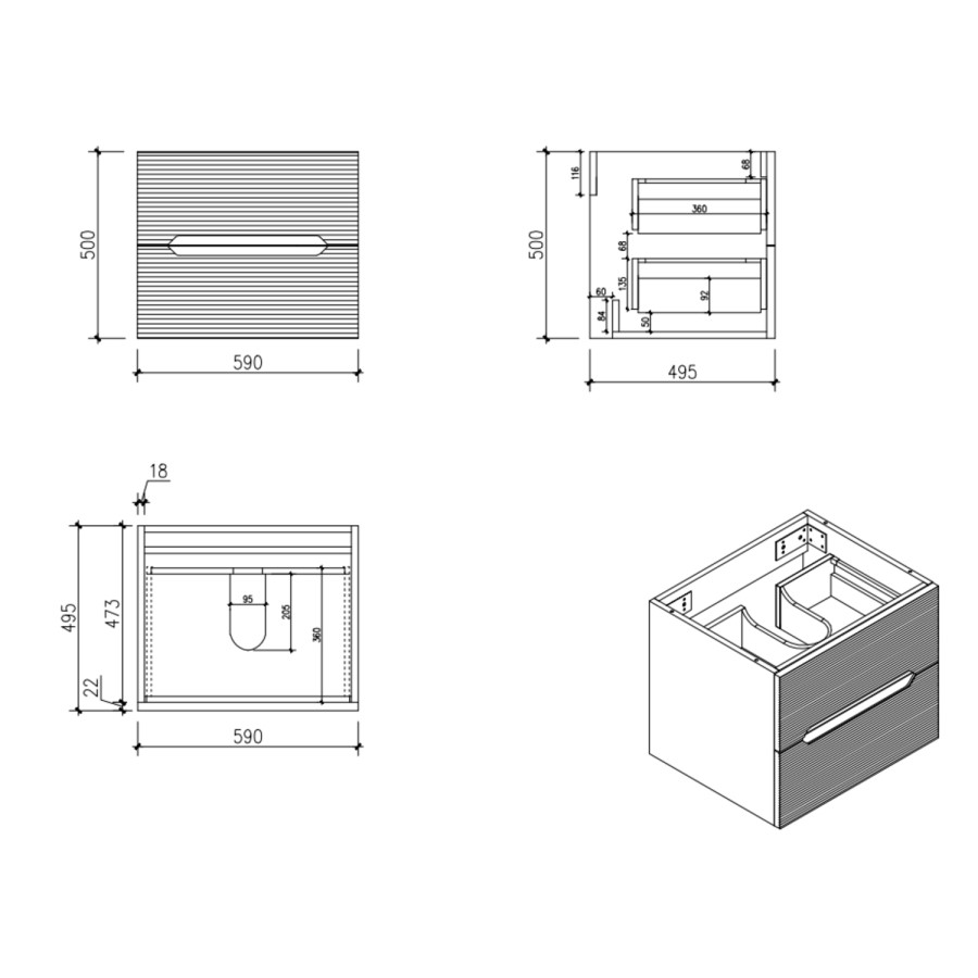 600mm White Fluted Wall Hung Countertop Vanity Unit with Basin - Melbourne 