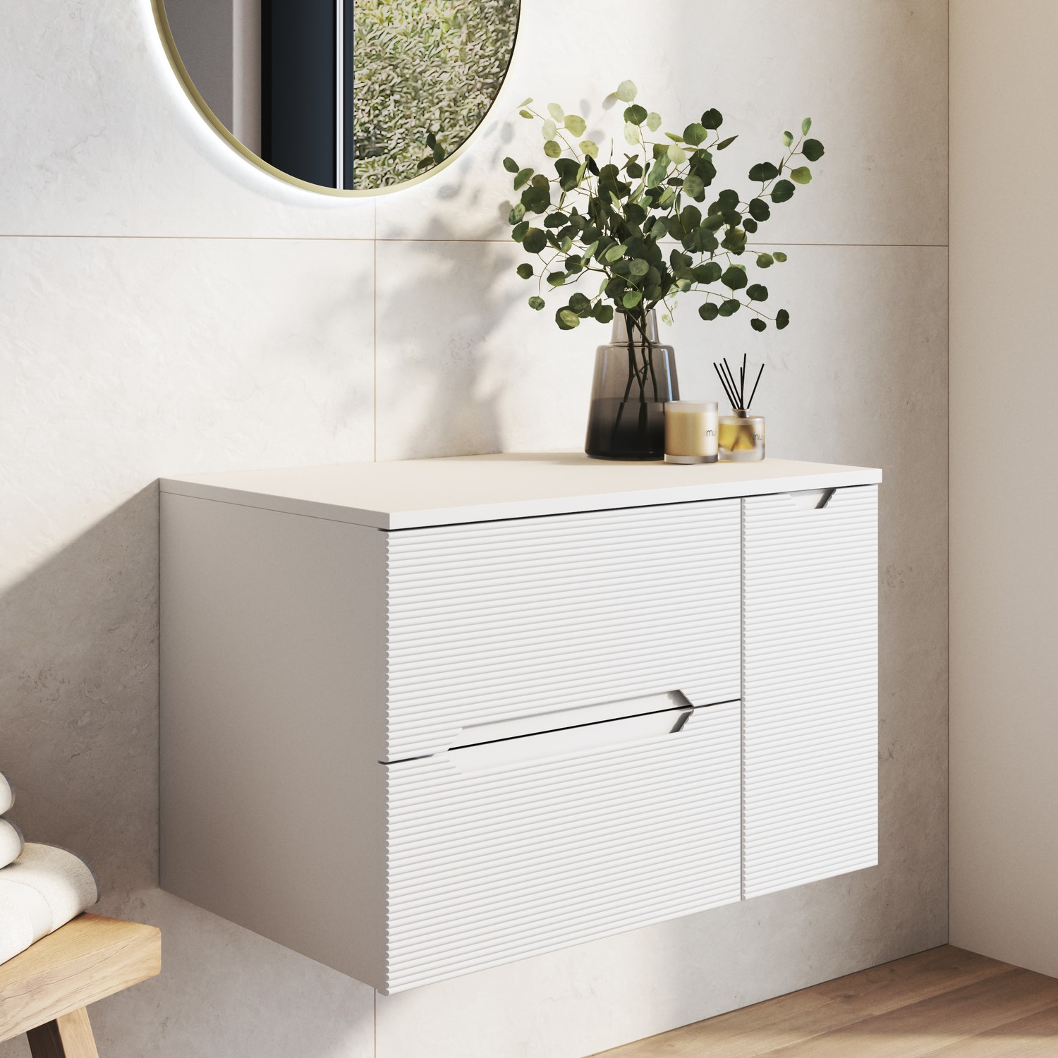 Melbourne White 800Mm Fluted Wall Hung Countertop Vanity Unit