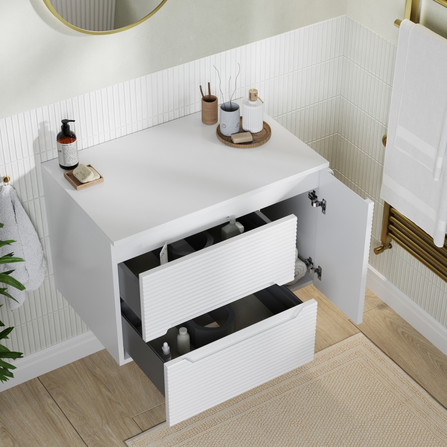 800mm White Fluted Wall Hung Countertop Vanity Unit - Melbourne