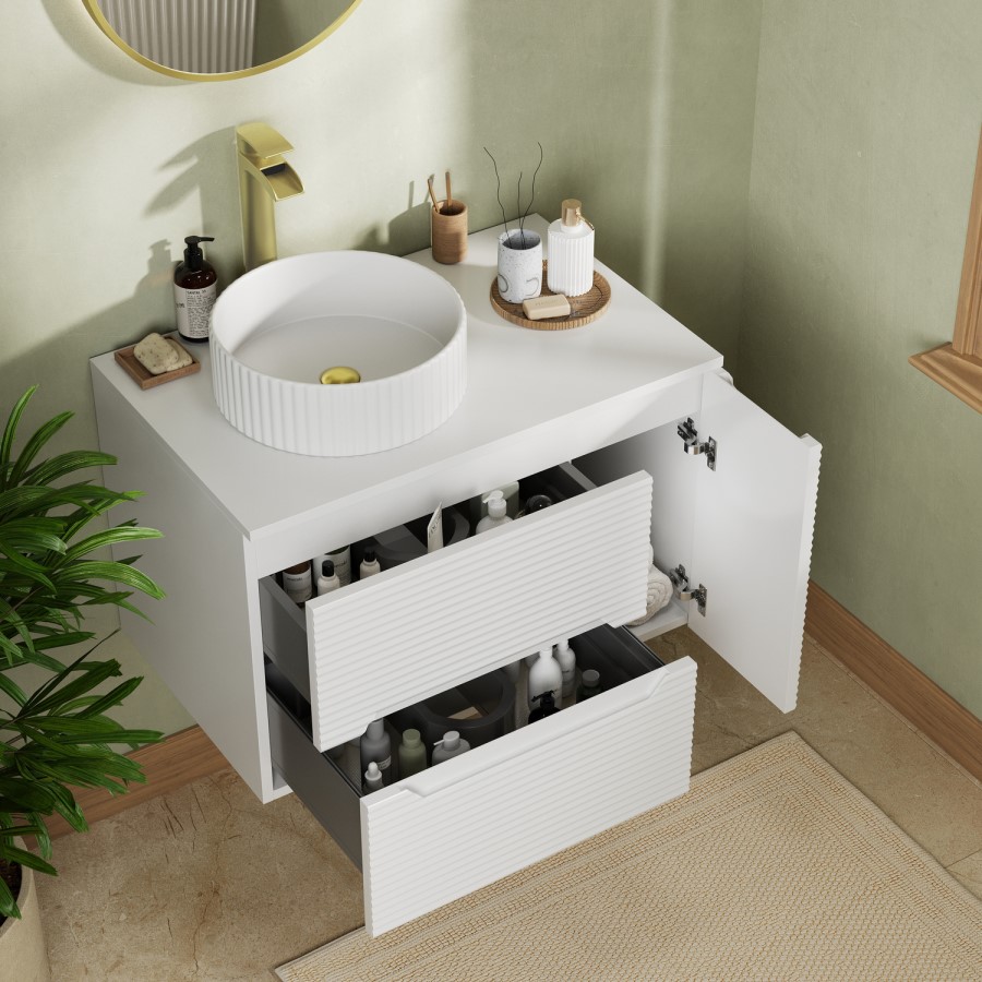 800mm White Fluted Wall Hung Countertop Vanity Unit with Basin – Melbourne