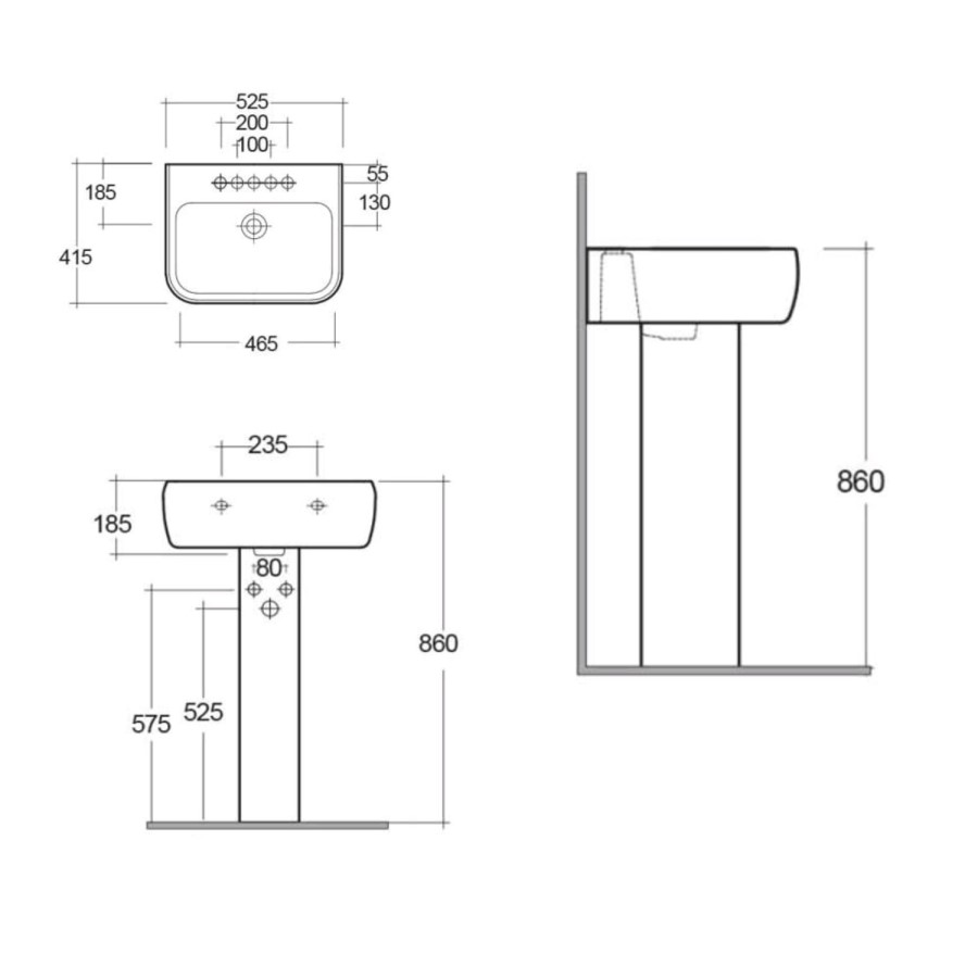 Rak Ceramics Rectangular Pedestal Basin 520mm 2 Tap Hole