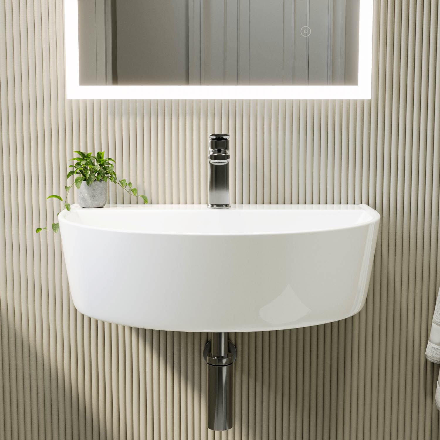 Sink Basins Rounded Round Wall Hung Basin 607mm with Chrome Tap Bottle Trap and Waste ...