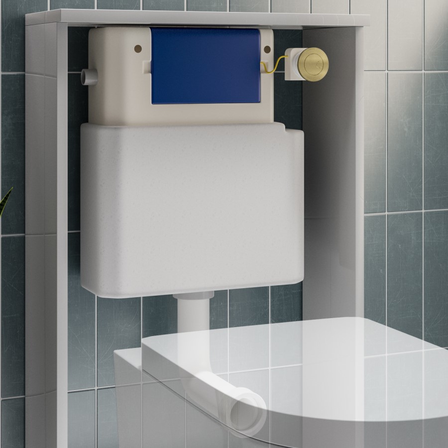Albi Back to Wall Rimless Toilet with Soft Close Seat & Concealed Cistern With Brushed Brass Push Button