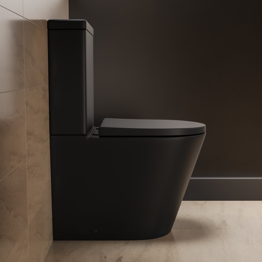 Matt Black Close Coupled Rimless Closed Back Short Projection Toilet with Brushed Brass Button and Tornado Flush - Newport