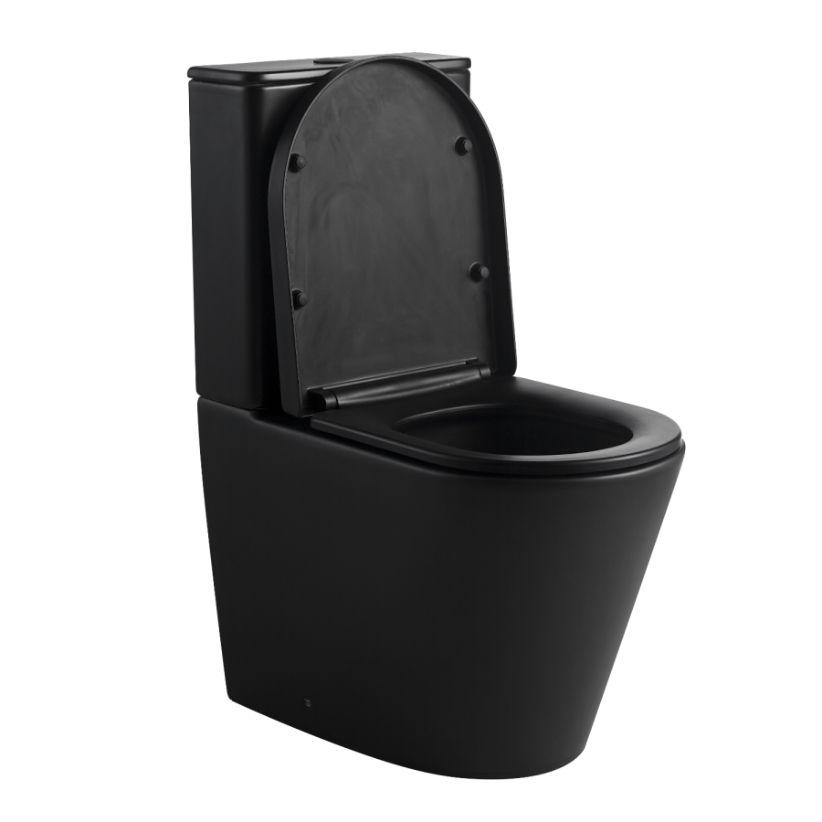 Matt Black Close Coupled Rimless Closed Back Short Projection Toilet with Brushed Brass Button and Tornado Flush - Newport