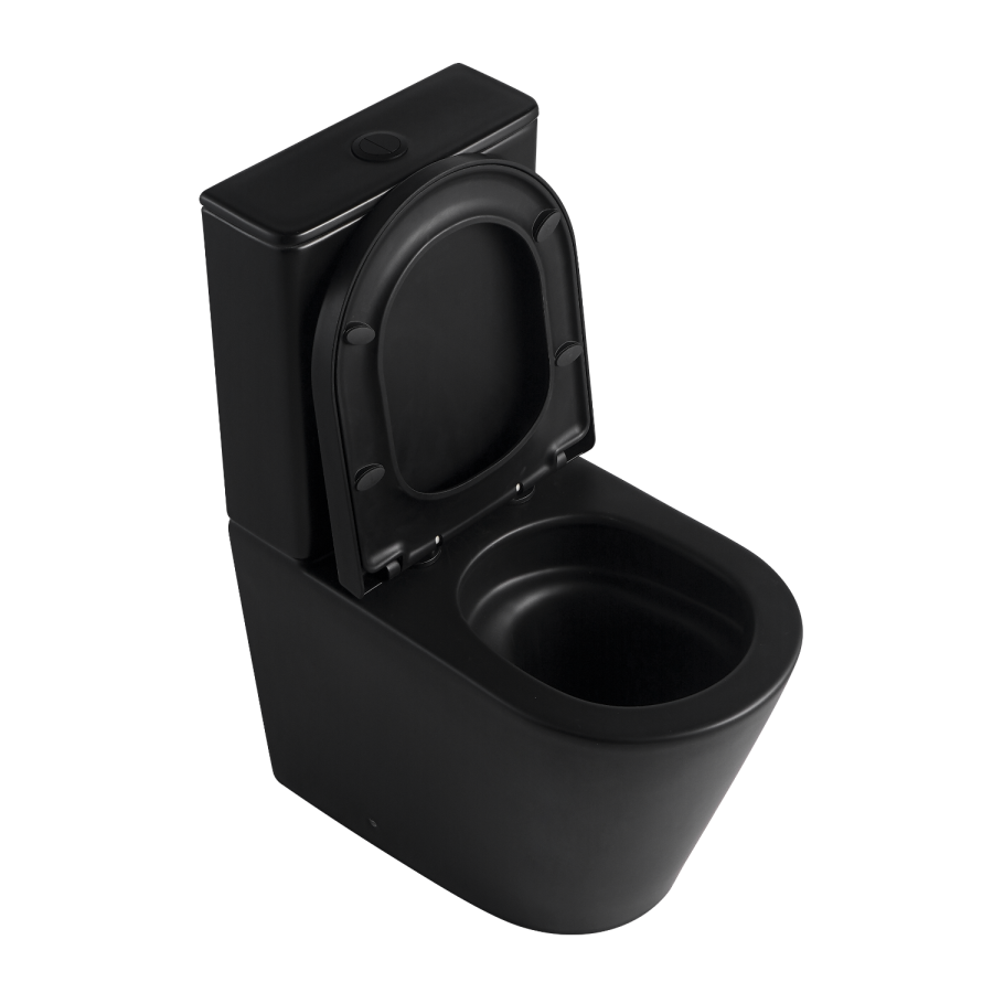 Matt Black Close Coupled Rimless Closed Back Short Projection Toilet with Brushed Brass Button and Tornado Flush - Newport